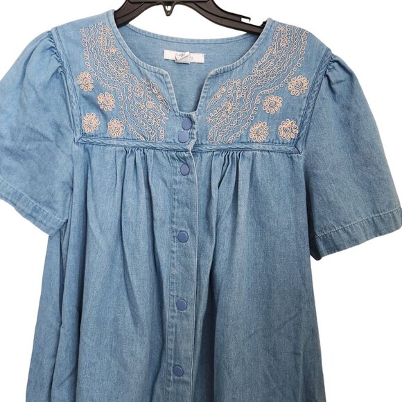 Go Softly Patio Denim House Muumuu Dress Zipper Small Embroidery Short Sleeves - Picture 2 of 12
